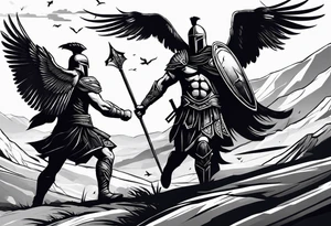 2 Spartans walking in a battlefield with ravens in the background tattoo idea