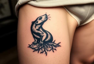 A highly detailed black mole emerging from the earth, with rich brown soil textures and tiny roots, symbolizing perseverance and hidden strength tattoo idea