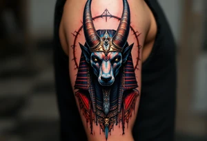 An Anubis with a Halo - Blending Egyptian mythology with Christian spirituality (only red , blue and black are possible colors) tattoo idea