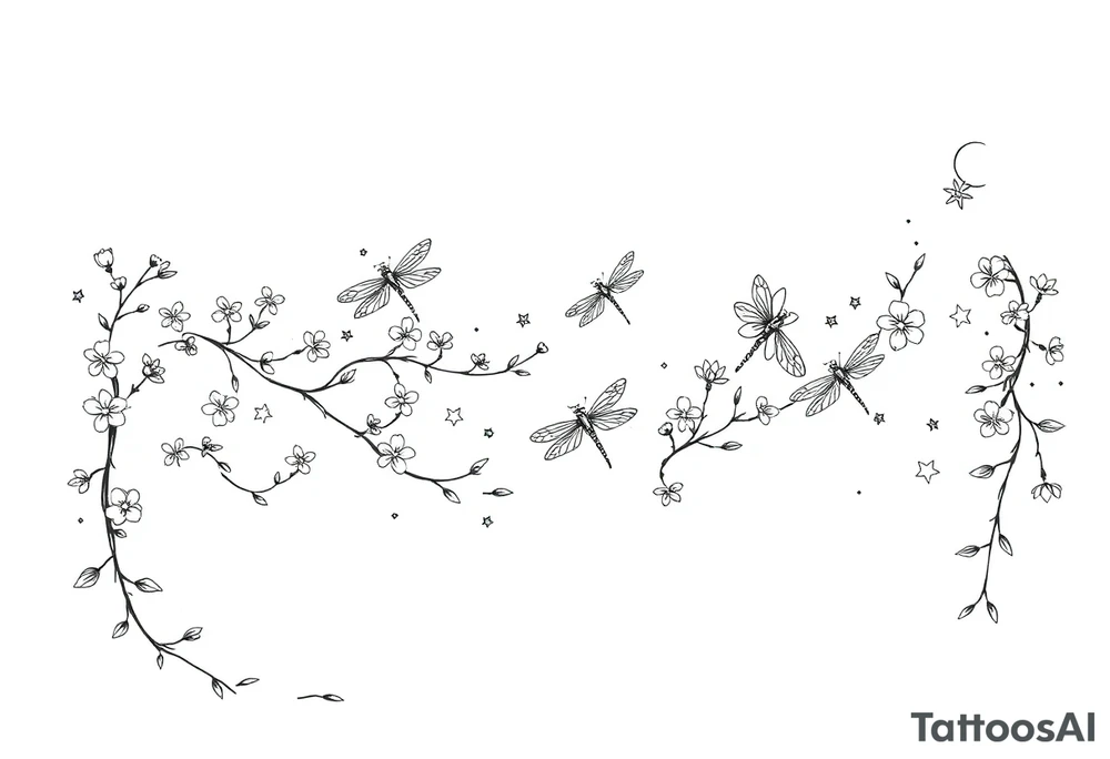 full arm thick vines with small mystical flowers, dragonflies, stars, celestial moon tattoo idea