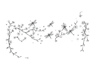 full arm thick vines with small mystical flowers, dragonflies, stars, celestial moon tattoo idea