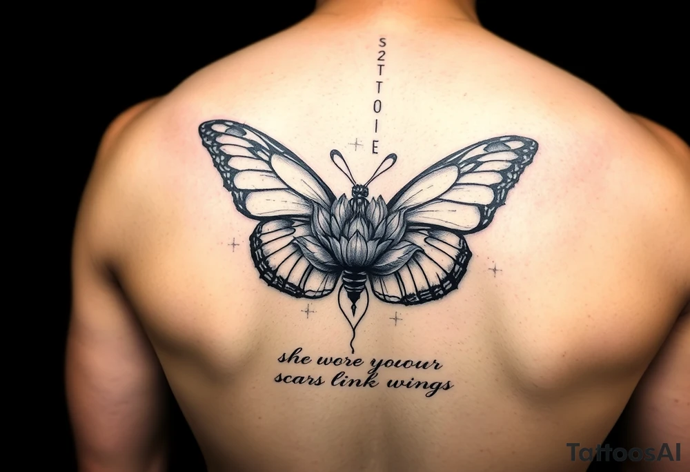 butterfly with cracked wings and lotus flower with quote that says “she wore her scars like wings” all down spine but very elegant tattoo idea