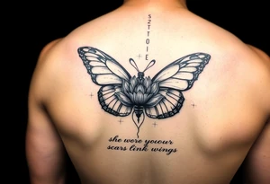 butterfly with cracked wings and lotus flower with quote that says “she wore her scars like wings” all down spine but very elegant tattoo idea