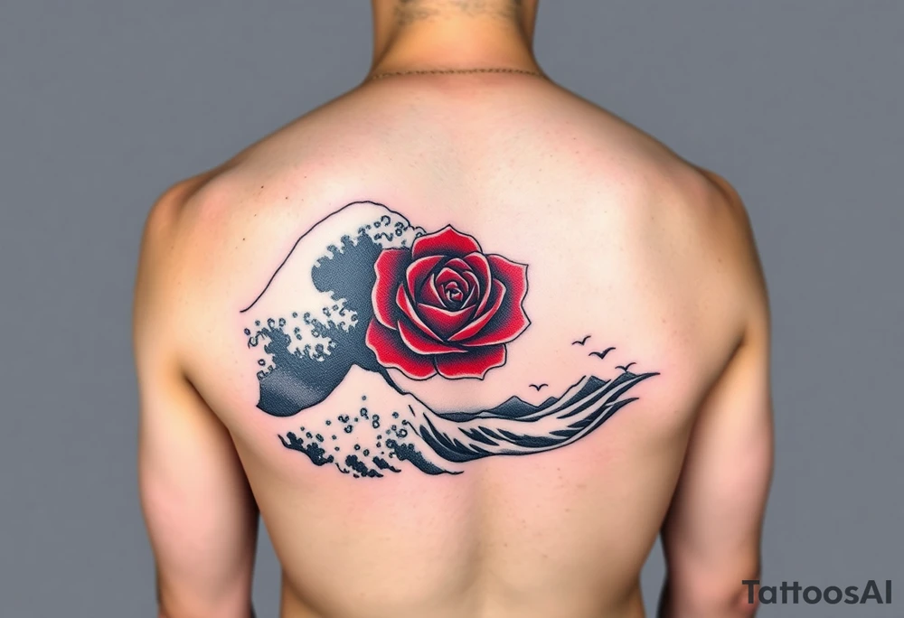 Arm tattoo of a beautiful red rose in the middle surrounded by the Great Wave off Kanagawa in black and white. tattoo idea