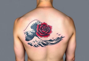 Arm tattoo of a beautiful red rose in the middle surrounded by the Great Wave off Kanagawa in black and white. tattoo idea