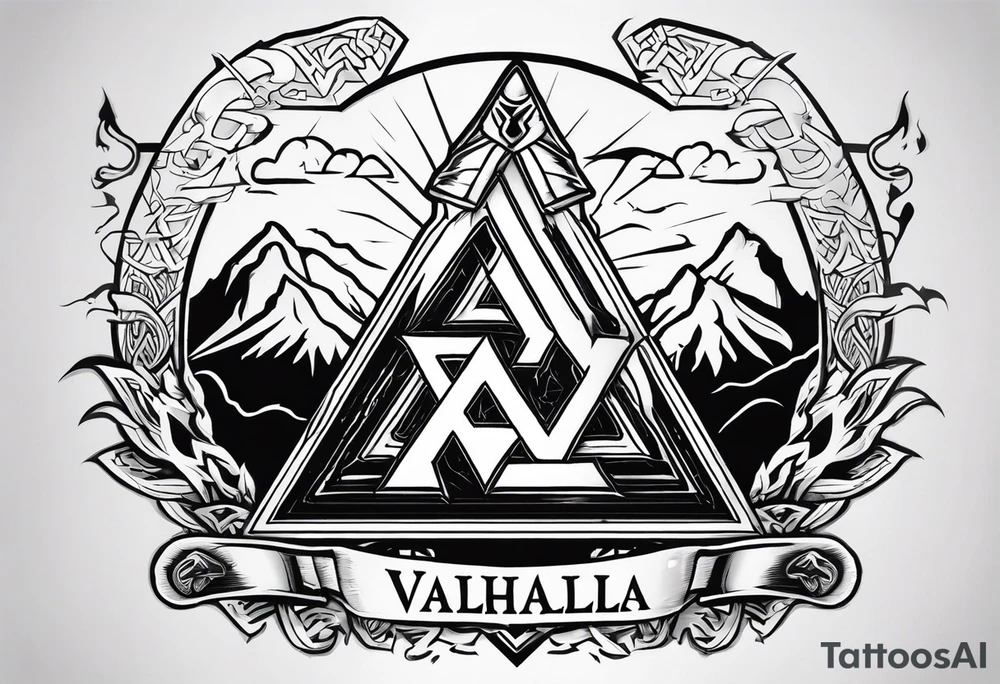 Valhalla fire sword shield axe Valknut ruins lightnings tattoo idea