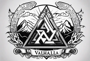 Valhalla fire sword shield axe Valknut ruins lightnings tattoo idea