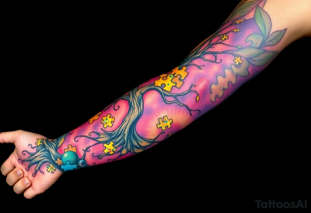 left arm full sleeve to support autism awareness full color and completed filled also include a tree with the autism puzzle as leaves to start the sleeve and add Mickey Mouse in there small tattoo idea