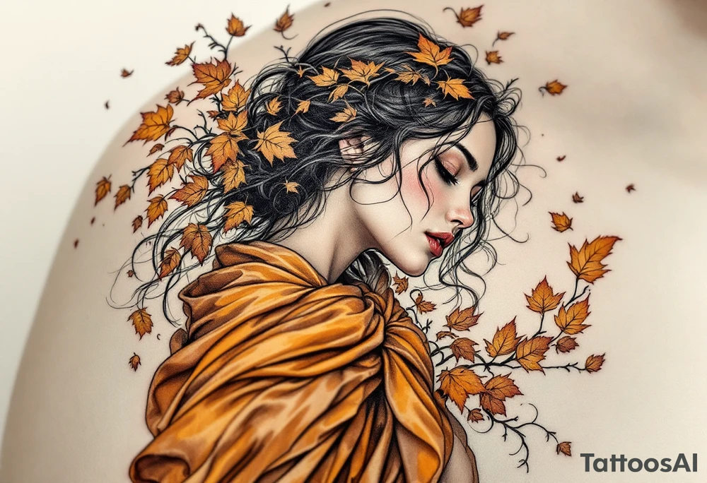 Alfons Mucha’s angelic woman leaning into autumn winds, dressed in burnt sienna fabrics and surrounded by ochre leaves. tattoo idea