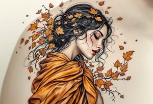 Alfons Mucha’s angelic woman leaning into autumn winds, dressed in burnt sienna fabrics and surrounded by ochre leaves. tattoo idea