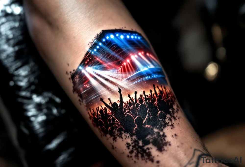 A forearm piece showing the HC Sparta arena lit in blue and red lights, with roaring crowd silhouettes. tattoo idea