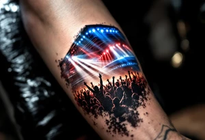A forearm piece showing the HC Sparta arena lit in blue and red lights, with roaring crowd silhouettes. tattoo idea