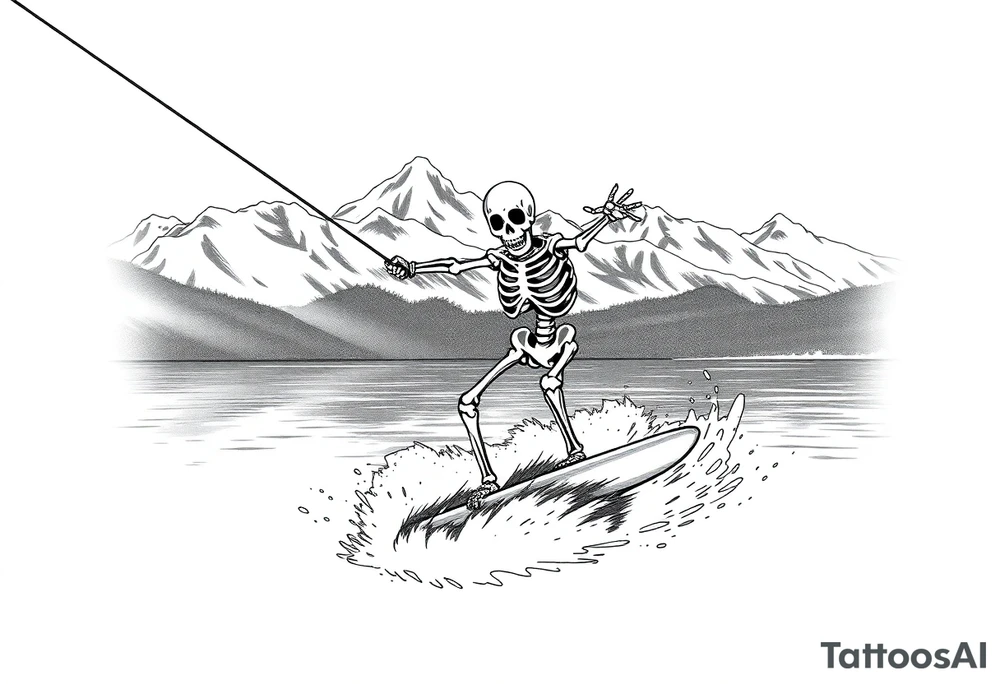 skeleton wakeboarding on lake, holding onto rope, 
mountains in the background tattoo idea