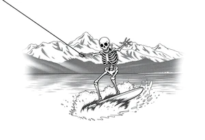 skeleton wakeboarding on lake, holding onto rope, 
mountains in the background tattoo idea