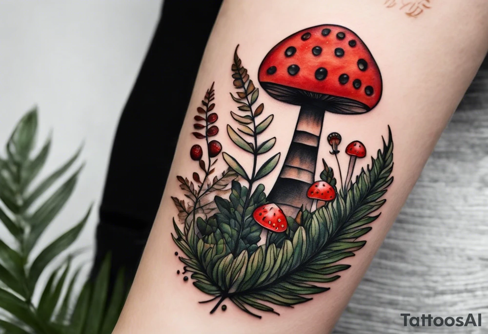 forest floor inspired minimalist tattoo, which includes grass, curly ferns and dead leaves as the bulk of the tattoo. details to include: three very tiny strawberries, a tiny bumblebee flying nearby, three small brown mushrooms tattoo idea