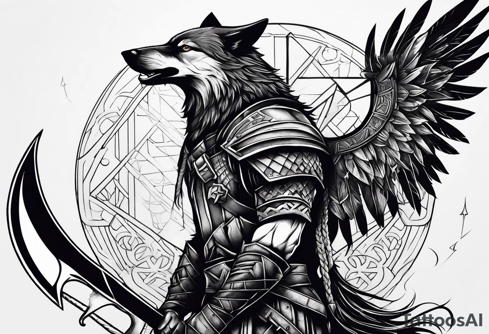 valkeryie warrior wolf crow axe tattoo idea