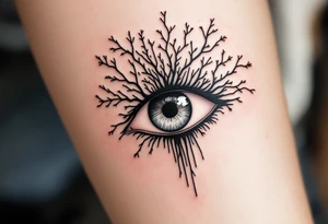 Minimalistic black line tattoo of an eye with its lines extending into tree branches, thin and abstract design. tattoo idea