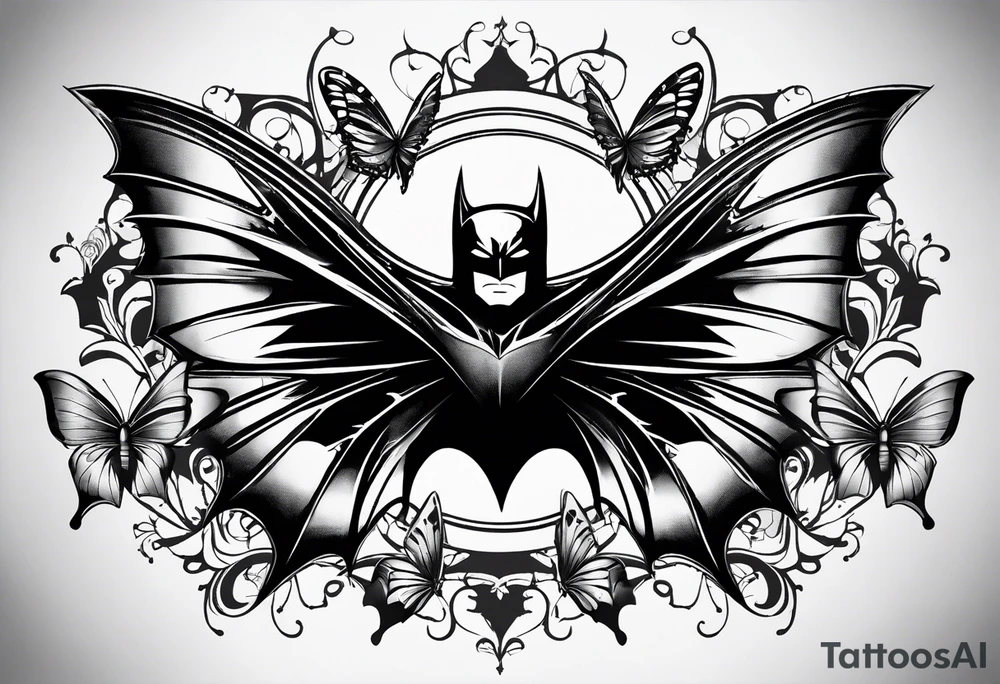 Small Batman symbol with 5 butterflies all around it for a forearm tattoo tattoo idea