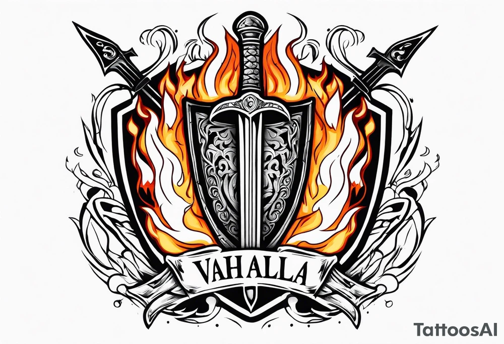valhalla sword shield funeral on fire tattoo idea