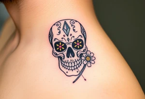 Masculine sugar skull with diamond gemstone eyes and daisy tattoo idea