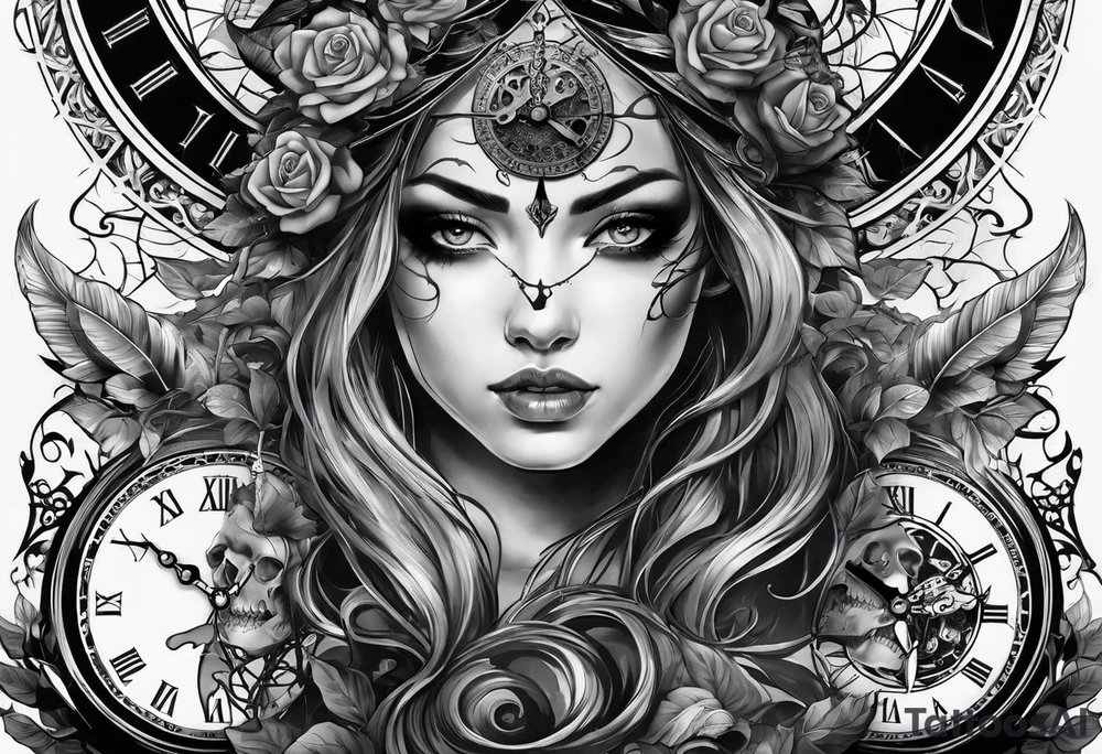 tattoo fool sleeve, tree roots break out of the chains, broken mask, clock with flying numbers, girl, skull, roses tattoo idea