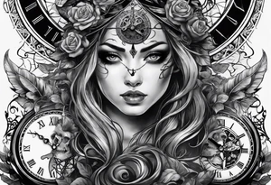 tattoo fool sleeve, tree roots break out of the chains, broken mask, clock with flying numbers, girl, skull, roses tattoo idea