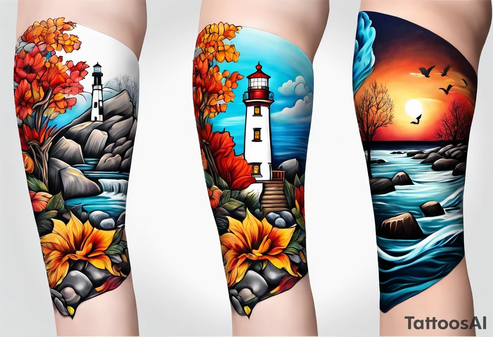 Arm sleeve with fall colors, various flowers, water flow, water splash, light house, rocks tattoo idea