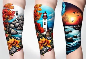 Arm sleeve with fall colors, various flowers, water flow, water splash, light house, rocks tattoo idea