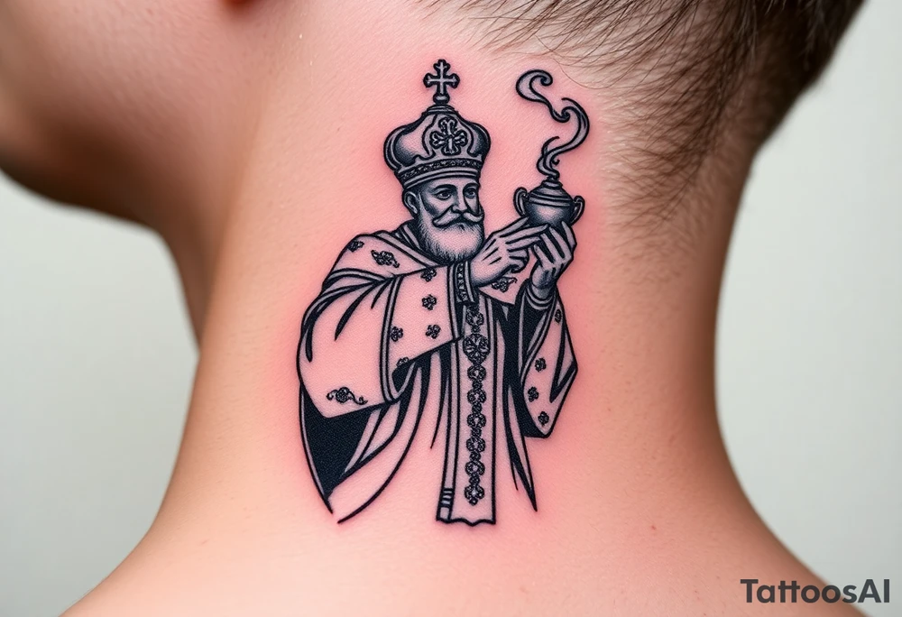 Russian Orthodox Priest in a fully detailed gold vestment swinging a censer with smoke curling upward tattoo idea