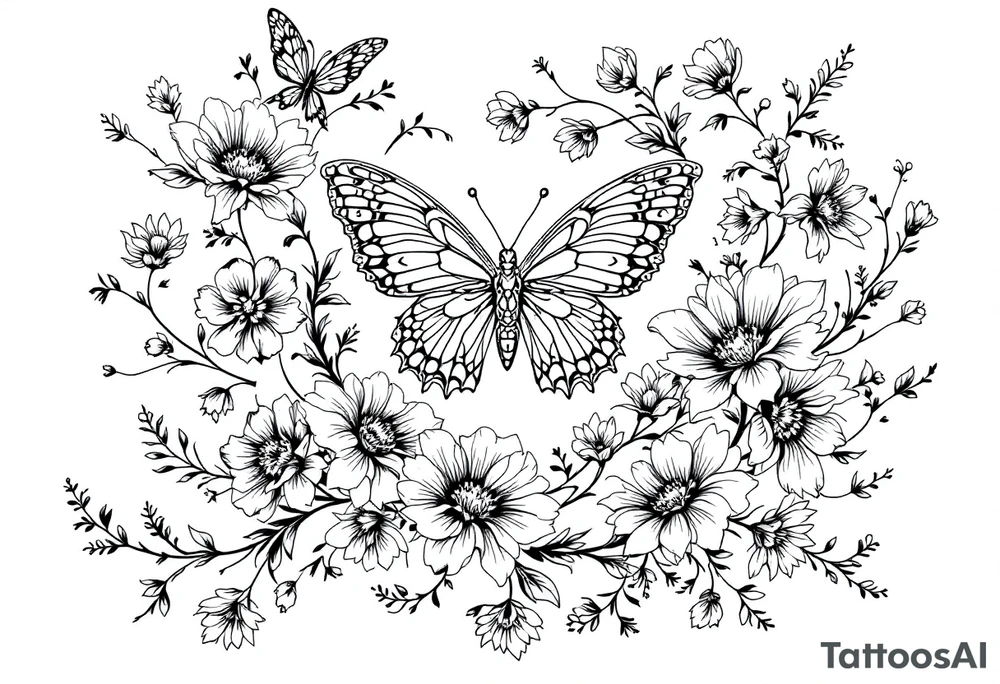 flowers, heart and butterfly tattoo idea