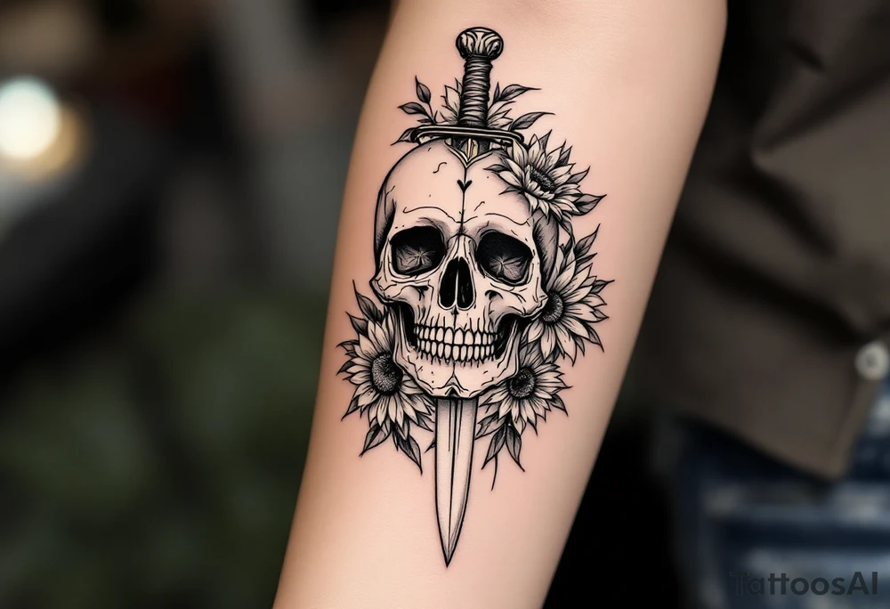 Skull, heart and dagger with roses and sunflowers tattoo idea