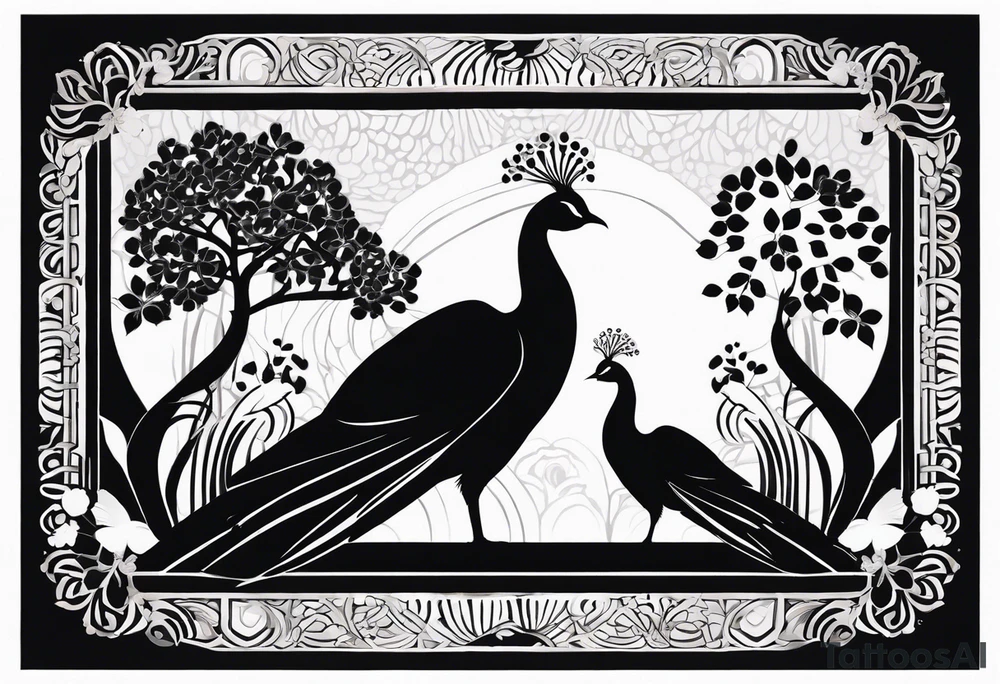 Black and white silhouette illustration of a twilight sakura garden with glowing peafowls. The peafowls are shown with their tails fanned out, featuring intricate mandala-style patterns within the feathers. The sakura blossoms are depicted as delicate, swirling shapes, creating a serene and symmetrical environment. The garden is framed by Art Nouveau-inspired curved lines and elegant scrollwork, leading into concentric circles made of stylized cherry blossoms and vines. The overall composition has a magical, ethereal quality, with the glowing feathers and intricate details adding depth and harmony to the peaceful, floral sanctuary. tattoo idea