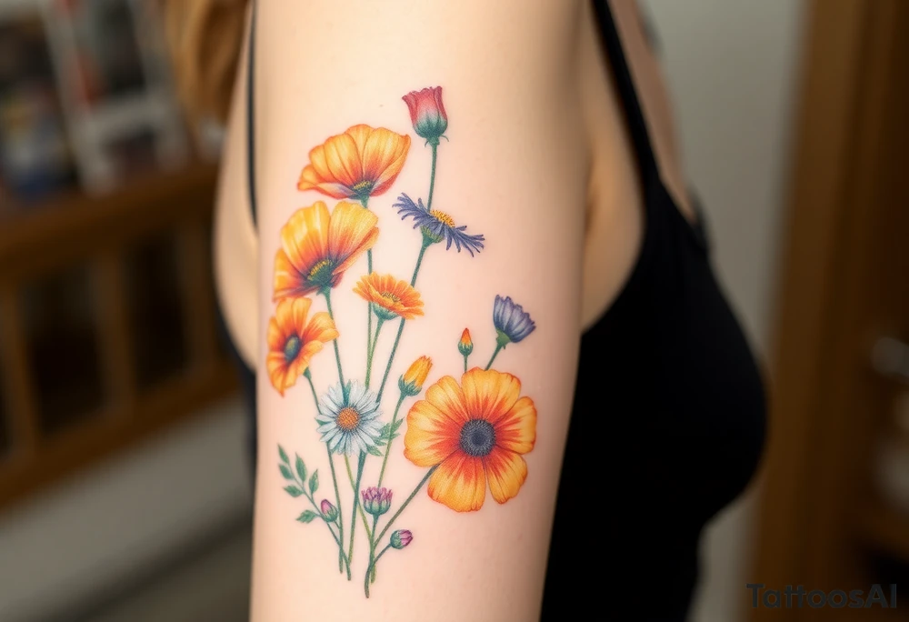 Create an image of an upper arm tattoo (from shoulder cap to just above the elbow) comprised of California poppies, California blackberries, gray’s lupine, marsh marigold, Indian paintbrush, one daisy, and an orange and orange blossom. More realistic and Use color tattoo idea