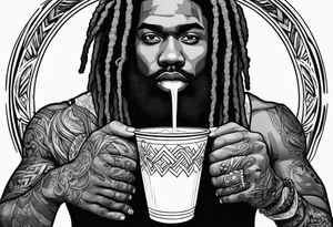 Black guy with dreads inside a foam cup like it’s a jacuzzi with two girls tattoo idea