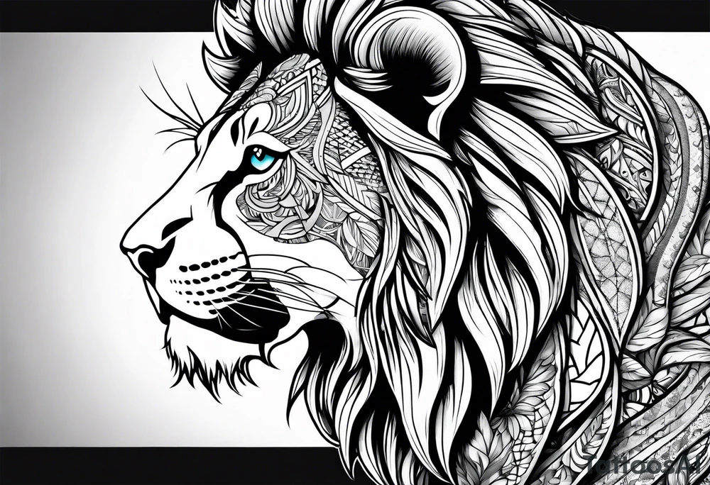 lion leg sleeve with madela patterns tattoo idea