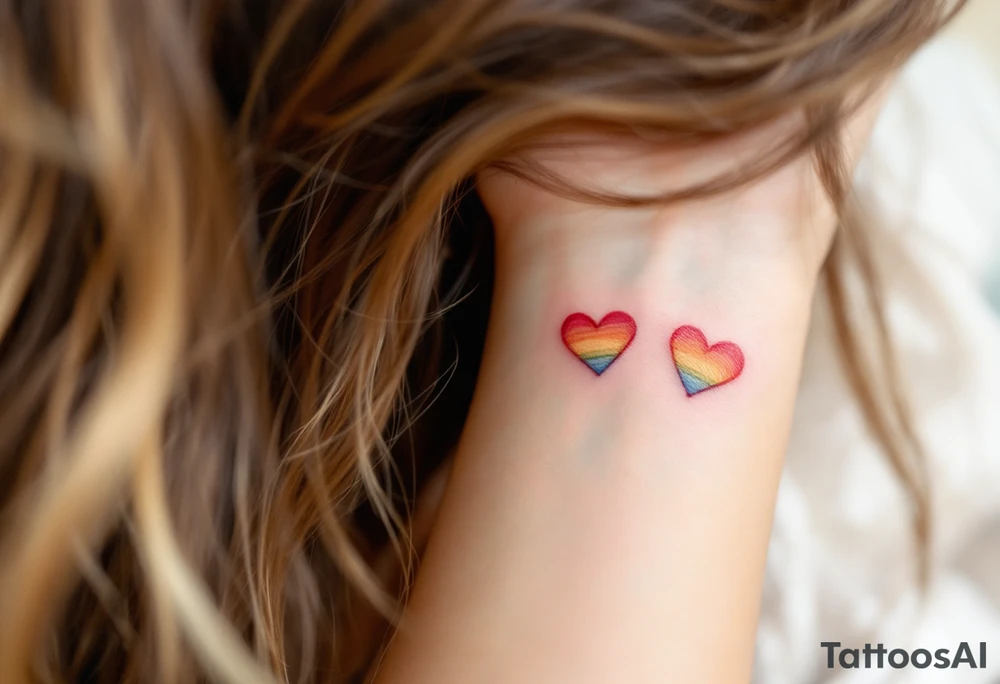 Tiny matching rainbow hearts behind ear of each partner to honor love in every shade. tattoo idea