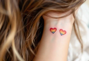 Tiny matching rainbow hearts behind ear of each partner to honor love in every shade. tattoo idea