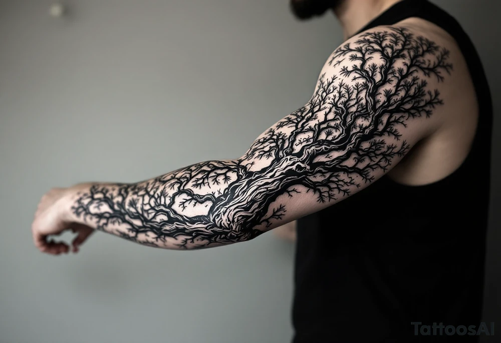 Entire arm tattooed like a tree tattoo idea