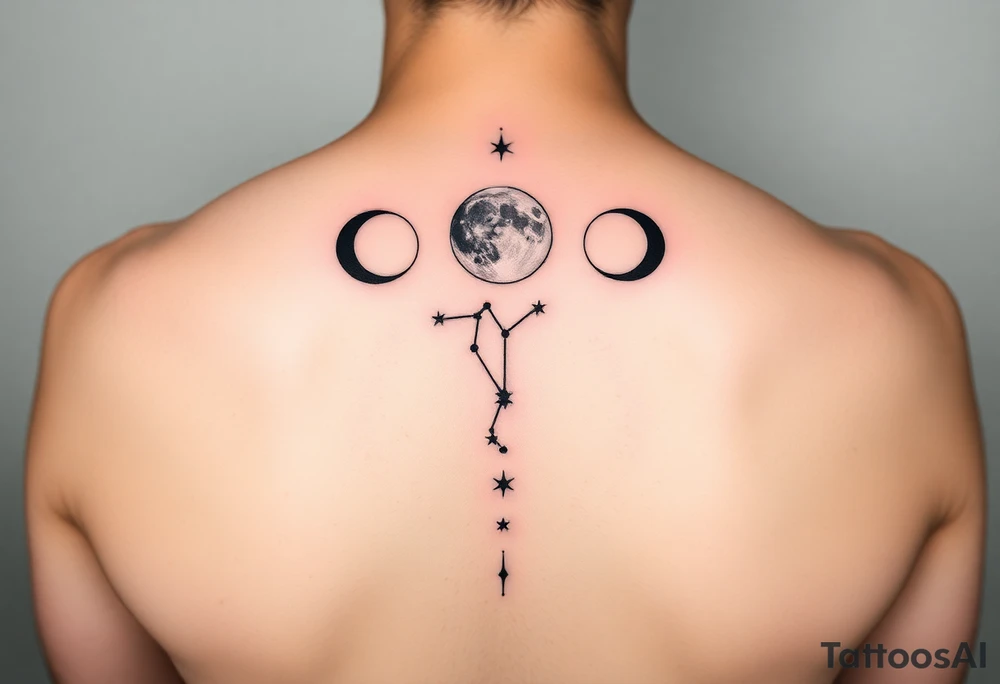 I’d like a vertical tattoo featuring five moon phases in this order: waxing crescent, third quarter, full moon, first quarter, third quarter. Behind the moons, I want the Capricorn constellation represented only by the star points—no connecting lines—arranged in the correct shape. The style should be minimalistic, celestial, and elegant tattoo idea