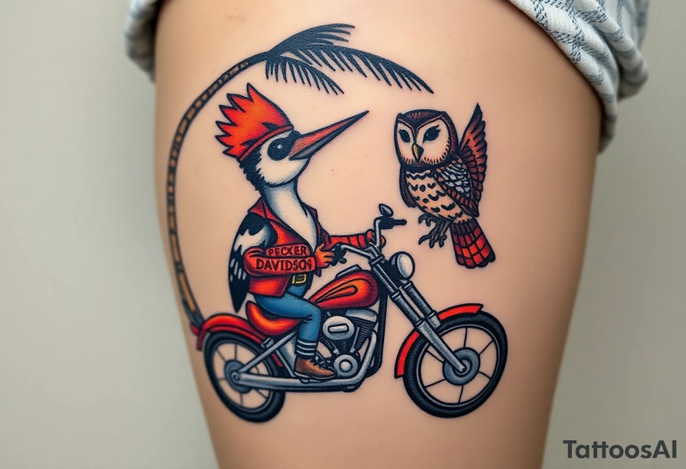 Woody the woodpecker wearing a leather vest that says peckerwoods, on a Harley Davidson under a palm tree, gazing in love at a barn owl tattoo idea