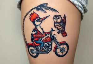 Woody the woodpecker wearing a leather vest that says peckerwoods, on a Harley Davidson under a palm tree, gazing in love at a barn owl tattoo idea