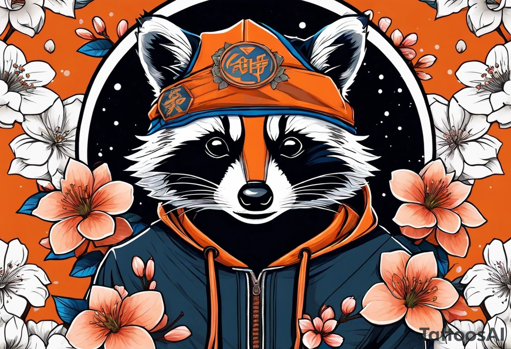 Raccoon wearing a white Superman logo on a black hoodie and orange Japanese cherry blossoms tattoo idea