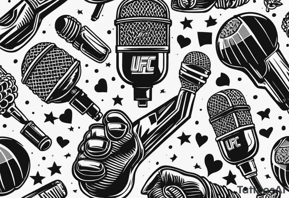 BLACK AND GREY
A microphone morphed into a UFC glove, symbolizing the power of words and physical strength combined tattoo idea