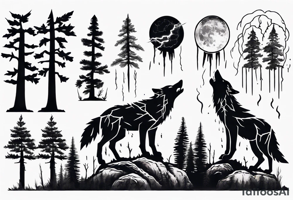 lightning over forest with wolf howling tattoo idea