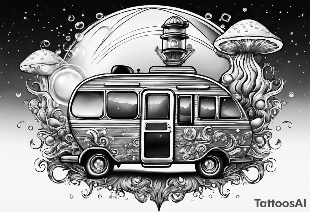 thinner rocketship with a psychedelic mushroom top with fire coming out the bottom bursting out of bubble as the bubble pops with an rv tattoo idea