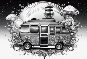 thinner rocketship with a psychedelic mushroom top with fire coming out the bottom bursting out of bubble as the bubble pops with an rv tattoo idea