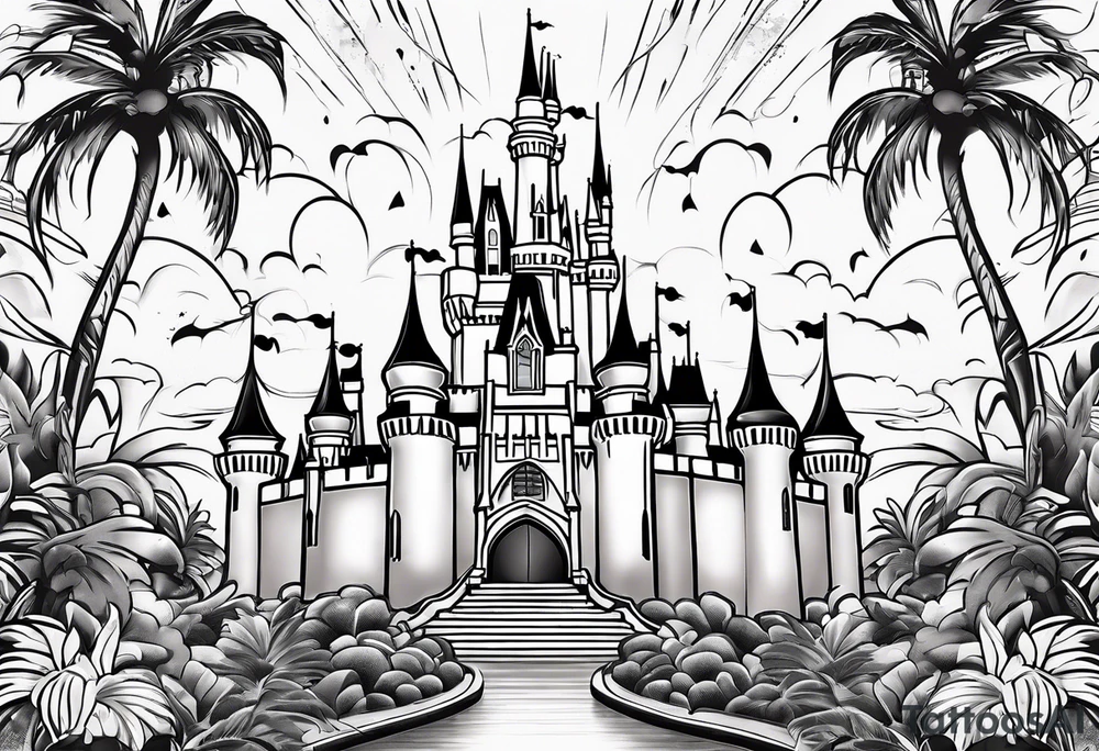 disney castle with a lightning storm palm trees and a mickey mouse tattoo idea
