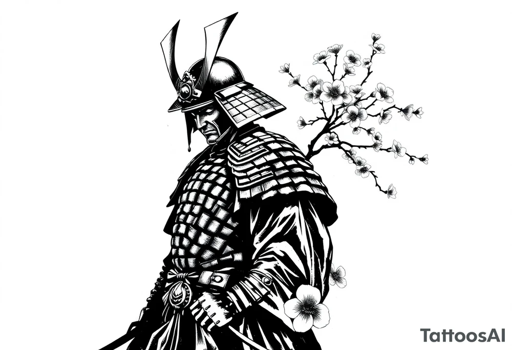 noble samurai warrior silhouette at sunset with cherry blossoms tattoo idea