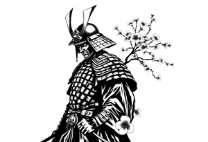 noble samurai warrior silhouette at sunset with cherry blossoms tattoo idea