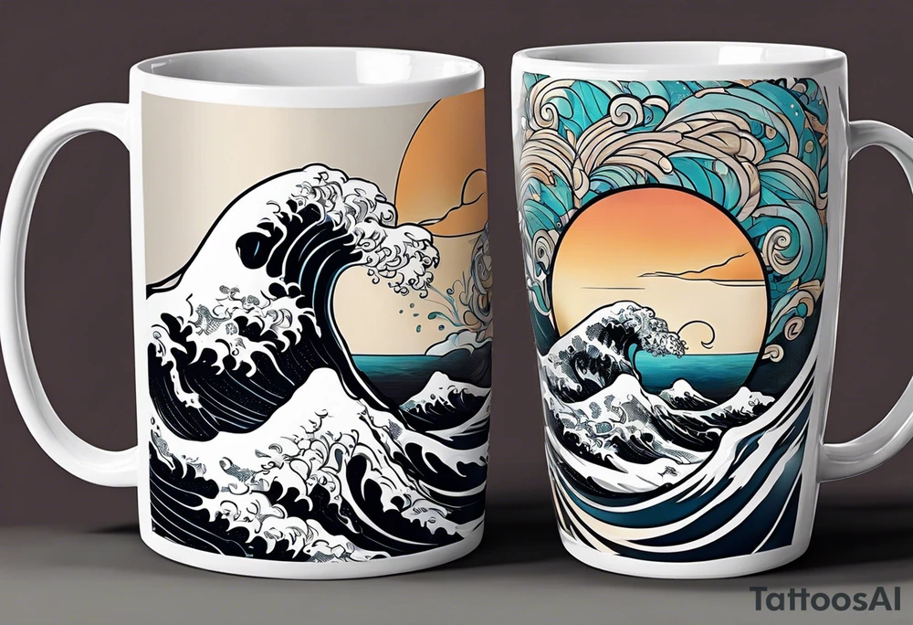 Circular retro design with coffee mug and ocean wave on mug tattoo idea